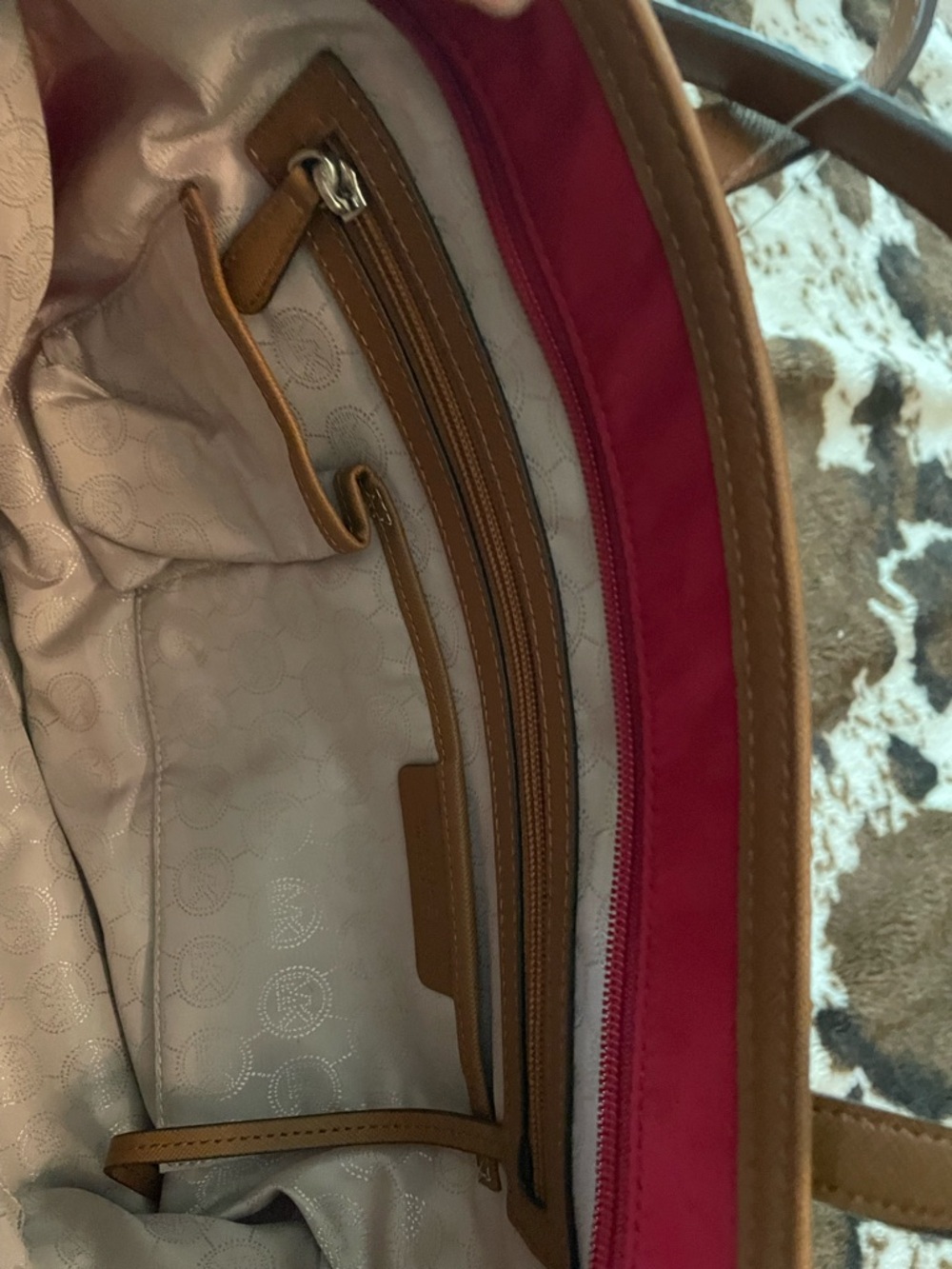 Michael Kors Red Tote with Brown Trim and Zip Pocket - Picture 8 of 8